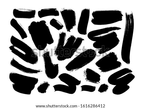 Chaotic ink brush strokes vector illustrations set. Dry black paint brushstrokes collection isolated on white background. Dirty smears, grungy random smudges. Monochrome paintbrush design elements