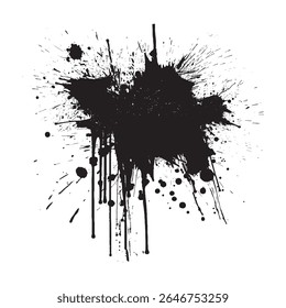 Chaotic ink splatter with dripping paint strokes and explosion elements on white background for grunge banner, street art texture, rebellious graphic design or expressive abstract decoration
