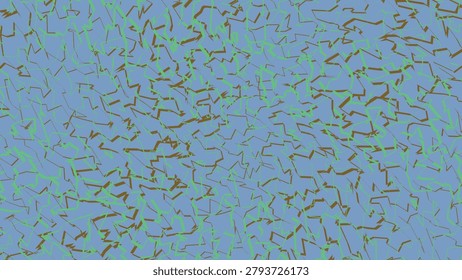 Chaotic intertwined lines texture with dark brown and green strokes on blue backdrop artistic graphic design background