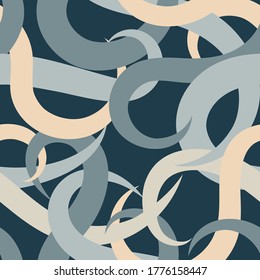 chaotic interweaving of beige, azure, gray wavy stripes on a dark background. Beautiful seamless pattern. vector
