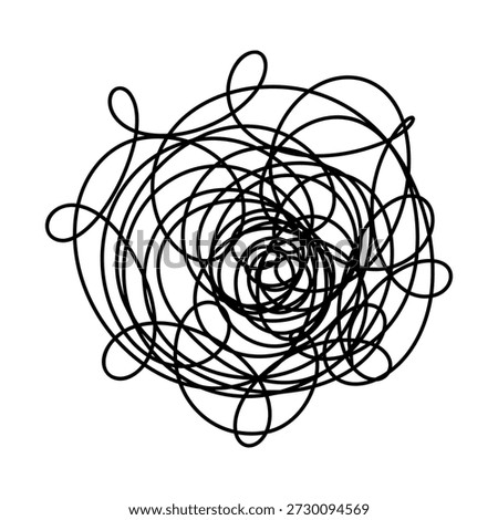 Chaotic intricate abstract lines, doodles, confusion, hand-drawn vector illustration. Black and white graphic element, chaos for design, labels. Complex sloppy form of thoughts, depression, hysteria