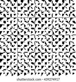 Chaotic, irregular repeatable geometric pattern. Mosaic of asymmetric shapes. Monochrome abstract background.