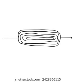 Chaotic line arrow. Doodle chaos simple drawn symbol, confused messy knot tangle scribbled line. Vector isolated. Tangled wires, complicated thoughts, brain confusion, problem solving.