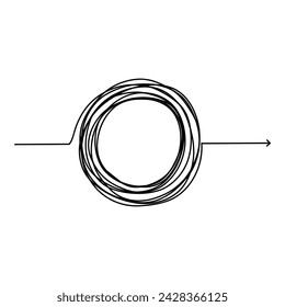 Chaotic line arrow. Doodle chaos simple drawn symbol, confused messy knot tangle scribbled line. Vector isolated. Tangled wires, complicated thoughts, brain confusion, problem solving.