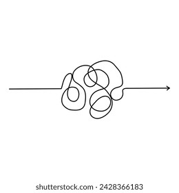Chaotic line arrow. Doodle chaos simple drawn symbol, confused messy knot tangle scribbled line. Vector isolated. Tangled wires, complicated thoughts, brain confusion, problem solving.