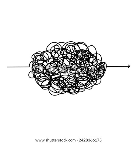 Chaotic line arrow. Doodle chaos simple drawn symbol, confused messy knot tangle scribbled line. Vector isolated. Tangled wires, complicated thoughts, brain confusion, problem solving.