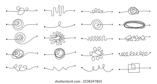 Setas de linha caóticas com nó de caos, mentalidade problemática, maneiras rabiscar rabiscar conjunto de elementos. Busca de solução, processo de pensamento difícil, enredar caminhos rígidos à mão livre rastreia ilustração vetorial