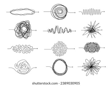 Chaotic line arrows. Doodle chaos simple drawn symbols, confused messy knot tangle scribbled lines. Vector isolated set. Tangled wires, complicated thoughts, brain confusion, problem solving