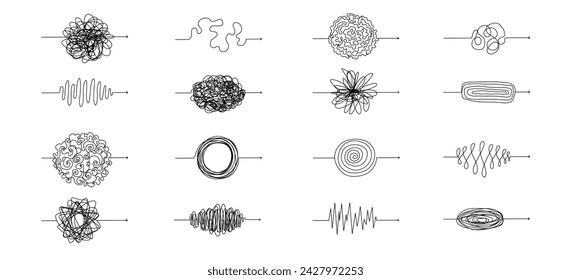 Chaotic line arrows. Doodle chaos simple drawn symbols, confused messy knot tangle scribbled lines. Vector isolated set. Tangled wires, complicated thoughts, brain confusion, problem solving.