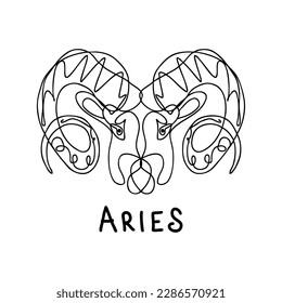 Chaotic line doodle monochrome zodiac sign Aries with text. Perfect print for tee, stickers, cards. Isolated vector illustration for decor and design.
