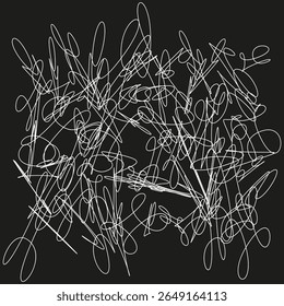 Ícone de linha caótica. Símbolo de rabisco aleatório. Vetor de traço branco. Contraste de fundo escuro.