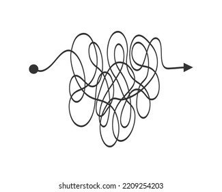 Chaotic line from start point to finish arrow. Complex problem solution concept. Brain work with new idea. Complexity sign. Vector graphic illustration
