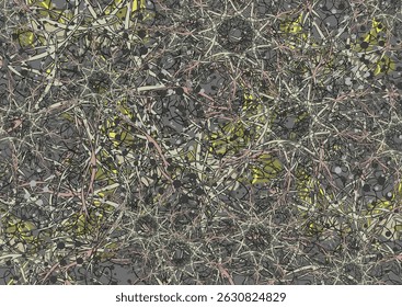 Chaotic linear dark floral and butterfly backdrop for textiles or fabrics. Textured background with dots for fashion, business concepts, covers, interior solutions, tiles, prints, dynamic posters