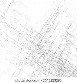 Textura caótica do grunge do arranhão linear em branco. Sobreposição angustiada de linhas de interseção e ruído. Padrão gráfico desgastado abstrato para impressão e Web. Design de vetor preto e branco isolado.
