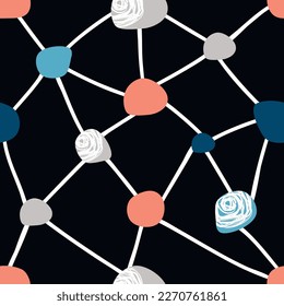 Chaotic lines and free hand spots seamless pattern.Blue,grey,red and white on black.Abstract texture for printing on fabric and paper.Simple endless wallpaper.Vector hand drawn illustration.