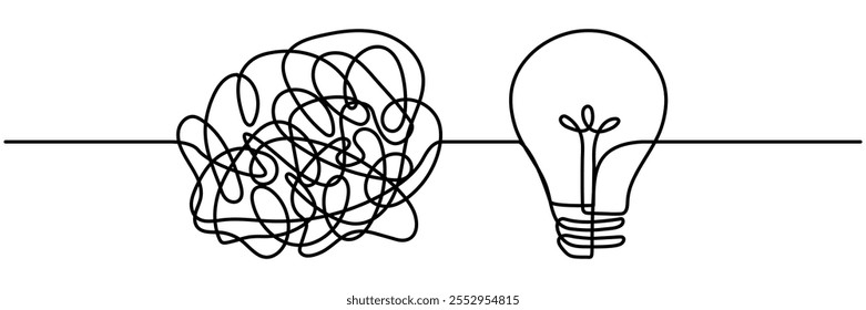 Líneas caóticas con dibujo de línea continua de bombilla. Proceso de idea creativa. Concepto de salud mental. Resolución de problemas y símbolo de búsqueda de ideas. Ilustración vectorial aislada en blanco.