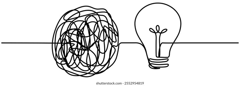 Chaotic lines with lightbulb continuous line drawing. Creative idea process. Mental health concept. Problem solving and idea search symbol. Vector illustration isolated on white.