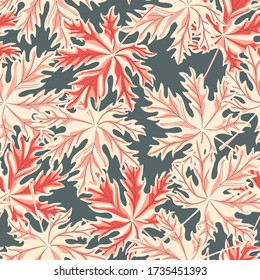 Chaotic maple leaf seamless pattern on gray background. Colorful leaves vintage endless wallpaper. Design for wrapping paper, textile print, surface fabic, cover. Vector illustration