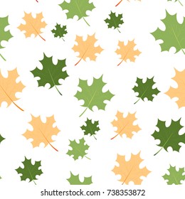Chaotic maple leaves pattern. Vector seamless background. EPS10. Can be used as print on clothes, wrapping paper, web, design banners. Creative autumn backdrop.
