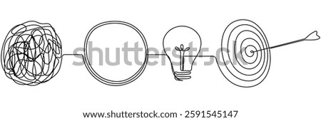 Chaotic and mess circles with lightbulb and target continuous line drawn. Achieve goal and create ides concept. Vector illustration isolated on white.