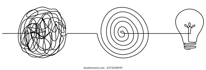 Chaotic and mess lines with lightbulb continuous one line drawn. Problem solving symbol concept. Vector illustration isolated on white.