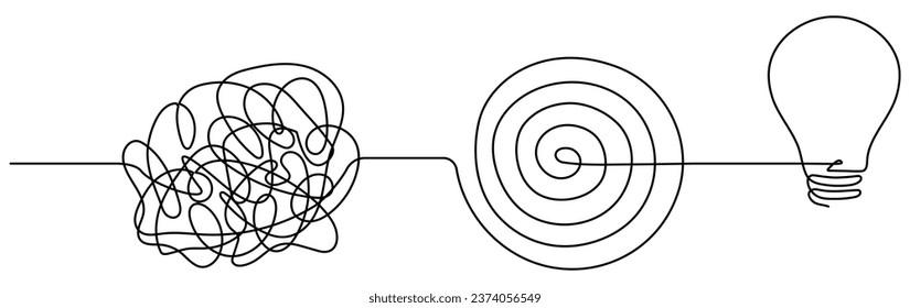 Chaotic and mess lines with lightbulb continuous one line drawn. Problem solving symbol concept. Vector illustration isolated on white.