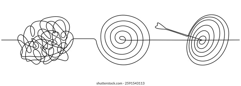 Chaotic and mess lines with target continuous one line drawn. Achieve goal concept. Vector illustration isolated on white.