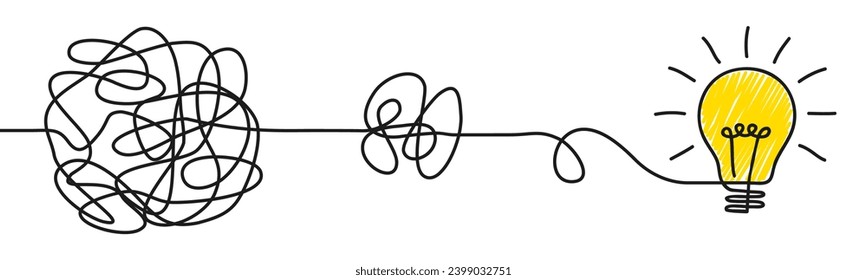 Chaotic mess lines are transformed in lightbulb continuous one line drawn, keep it simple business concept for project management, simplifying complex process lightbulb, innovations untangled problem
