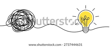 Chaotic messy lines transforming into a lightbulb in continuous one line drawing, simple business concept for project management and simplifying complex processes