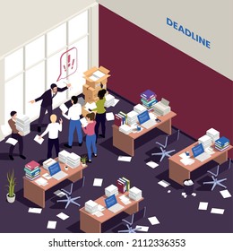 Chaotic Messy Office Work Isometric Composition With Disorganized People Missing Deadline Vector Illustration