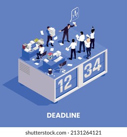 Chaotic messy office work isometric composition with disorganized people missing deadline vector illustration