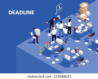 Chaotic Messy Office Work Isometric Composition With Disorganized People Missing Deadline Vector Illustration