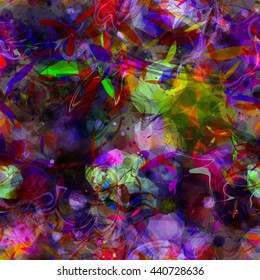 Chaotic mix of spots, petals, twisted wavy lines. Dark, colorful, abstract seamless vector background.