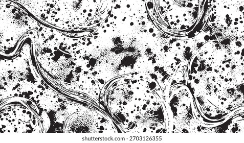 Un fondo monocromático caótico con líneas líquidas dinámicas y arremolinadas y salpicaduras de pintura desordenadas. Este patrón artístico crea un efecto de mármol angustiado y enérgico en una superficie blanca.