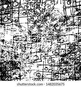 Chaotic monochrome grunge background. Seamless black and white texture of abstract elements. Pattern for printing on fabric