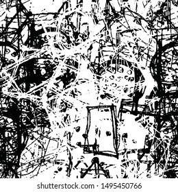 Chaotic monochrome grunge background. Seamless black and white texture of abstract elements. Pattern for printing on fabric