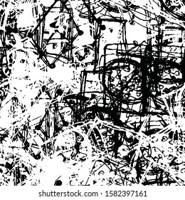 Chaotic monochrome grunge background. Seamless black and white texture of abstract elements. Pattern for printing on fabric