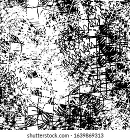 Chaotic monochrome grunge background. Seamless black and white texture of abstract elements. Pattern for printing on fabric