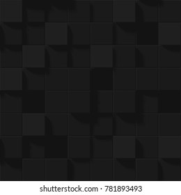 Chaotic mosaic of dark volumetric squares. Seamless pattern with three-dimensional cubes