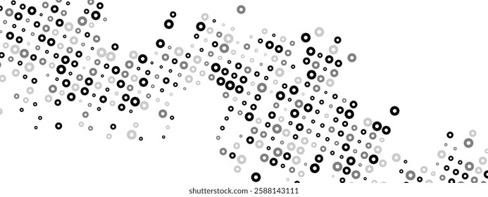 Chaotic mosaic of random particles, linear bagel pattern. Versatile monochrome abstract background featuring a dot texture. Vector design for banners, posters, websites, social media, presentation.