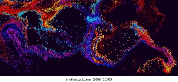 Chaotic motion of small colorful particles. Colorful gradient dots randomly flowing and swirling in liquid stream. Abstract dynamic circles background for banner, flyer, poster. Vector Illustration
