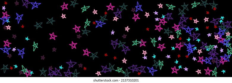 Chaotic Multicolor Naive Kids Bordo Vibrant Black Illustration. Night Vivid Lavender Bright Green Mint Pastel Red Sky Background. Childish Stars Purple Violet Dark Pink Colorful Handdrawn Stars.