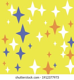 Chaotic Mystery Stars White Holiday Wallpaper. Winter Color Santa Blue Christmas Pattern. Night Yellow Print New Year Indigo Magic Wallpaper. Retro Dark Orange Four-pointed Sky Illustration.