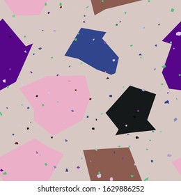 Chaotic natural stone in terrazzo seamless pattern. Granite fragments texture backdrop. Italian flooring in Venetian style with natural stone, granite, quartz, marble, concrete. Vector illustration.