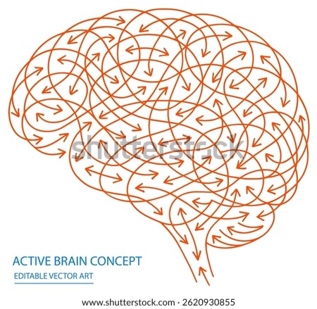 Chaotic Neural Flow – Active Brain Concept - Chaotic line art of brain filled with directional arrows representing mental flow, Brain,neural, mind,chaotic,abstract, thinking,energy,intelligence,vector