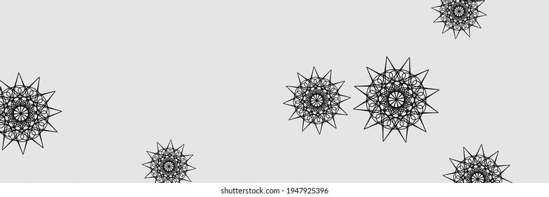 Caótica Composición Santa Oscura de Año Nuevo. Noche invernal de Nieve con canto de nieve Ornamento. Papel de fondo del cielo azul negro gris ornamental oscuro. Foto de diseño de Mandala horizontal de las Estrellas de Plata de Navidad.