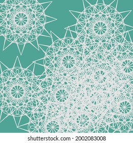 Chaotic Ornamental Messy Luxury Grey Silver Calm Folk Ornament. Ice Vintage Mystery Turquoise Green Complicated Dark Light Background. Stars White Mandala Textile Azure Lace Print Pastel Background.