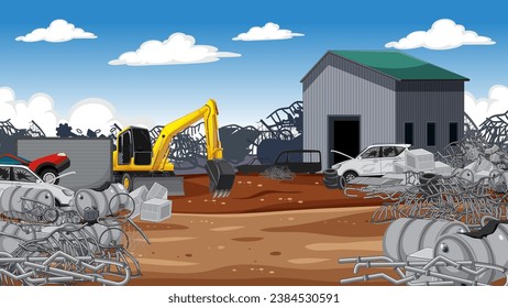 A chaotic outdoor scene filled with discarded items in a scrapyard or junkyard