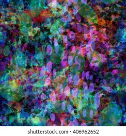 Chaotic overlay different transparent colored shapes to each other. Unique color pattern with watercolor effect & blur. Like veil. Seamless abstract background. Emerald, navy, orange, purple. 