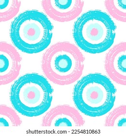 Chaotic painted round shapes seamless pattern graphic design. Baby clothes print. Colorful paint stapms. Hand drawn brush stroke circles. Round ink painting shapes repeating pattern.
